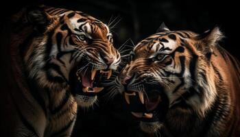 Bengal tiger staring fiercely, showing teeth in close up confrontation generated by AI photo