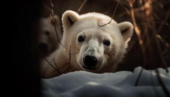 Fluffy white fur, cute young panda walking in winter forest generated by AI photo