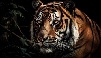 Majestic wildcat staring, focus on foreground, black background, selective focus generated by AI photo