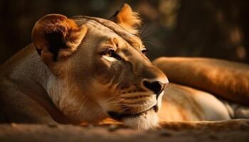 Majestic lioness resting in tranquil savannah, hiding in grass generated by AI photo