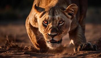 majestuoso leona curioso a cámara en africano desierto, descansando pacíficamente generado por ai foto