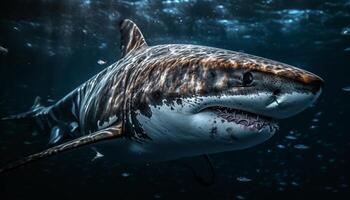 Majestic dolphin teeth pose danger in close up underwater portrait generated by AI photo