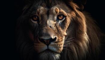 Majestic lion staring with alertness, showcasing strength in nature beauty generated by AI photo