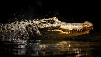 Large crocodile in the wild, with dangerous teeth and aggression generated by AI photo