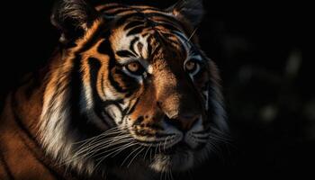 Majestic Bengal tiger staring with aggression in its animal eye generated by AI photo