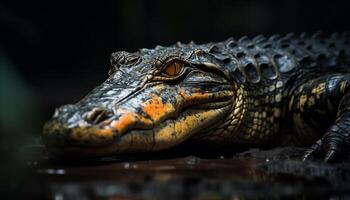 en peligro de extinción con gafas caimán descansa en tropical pantano, peligro acecha generado por ai foto