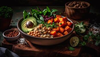 Organic vegetarian soup with fresh vegetables served in rustic bowl generated by AI photo