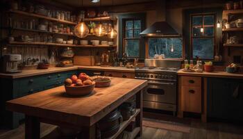 moderno lujo cocina con rústico madera acentos y Fresco Fruta generado por ai foto