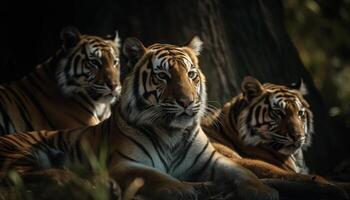 Bengal tiger staring, close up of majestic feline in wild generated by AI photo