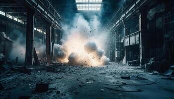 Abandoned factory burning, destroyed by fire, a rusty old ruin generated by AI photo