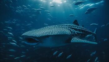 Majestic whale shark swimming in tranquil blue underwater sea generated by AI photo