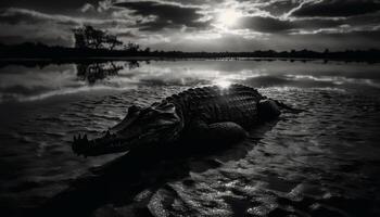 Crocodile resting in tranquil swamp, teeth bared in sunlight generated by AI photo