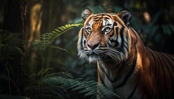 Bengal tiger staring, hiding in tropical rainforest, beauty in nature generated by AI photo