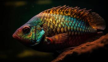 Multi colored fish in tropical reef, close up underwater scuba diving generated by AI photo