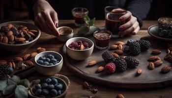 Fresh organic blueberry dessert on rustic wooden table with almond oatmeal generated by AI photo