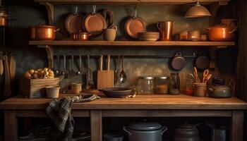 Rustic kitchen utensils collection on wooden shelf in domestic kitchen generated by AI photo