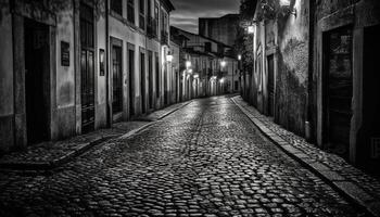 medieval ciudad calle iluminado por antiguo pasado de moda linternas a oscuridad generado por ai foto