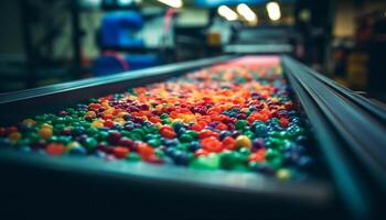 vibrante caramelo fábrica produce multi de colores dulce trata con moderno maquinaria generado por ai foto