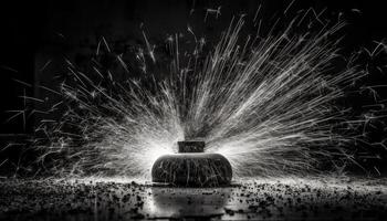 Metal industry equipment spraying liquid metal in glowing flame generated by AI photo