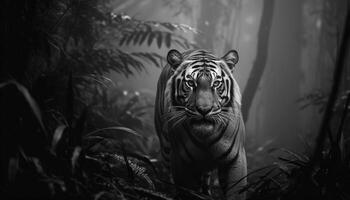 Majestic Bengal tiger walking in tranquil wilderness, staring with aggression generated by AI photo