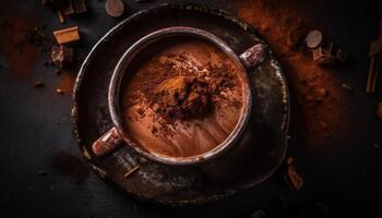 Rustic coffee cup on wooden table, frothy cappuccino with chocolate generated by AI photo