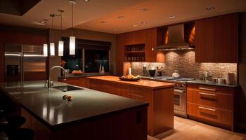 Modern luxury kitchen design with elegant wood material and appliances generated by AI photo