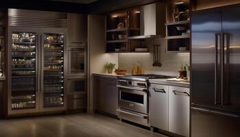 moderno Doméstico cocina diseño con lujo inoxidable acero accesorios y mármol piso generado por ai foto