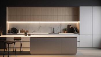 Modern kitchen design with elegant wood table and stainless steel appliances generated by AI photo