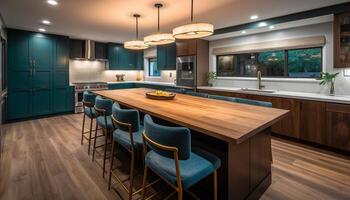 Modern domestic kitchen design with luxury wood table and chair generated by AI photo