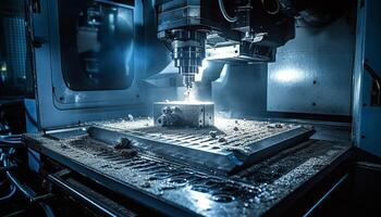 metal industria taller precisión maquinaria, automatizado producción línea, robótico brazo generado por ai foto
