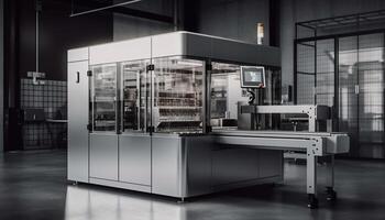 Modern stainless steel commercial kitchen with automated machinery and conveyor belt generated by AI photo