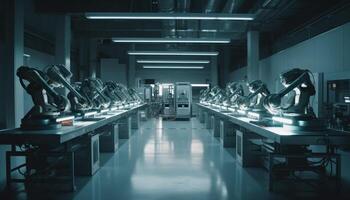 Robotic arm in modern factory, automated manufacturing equipment working inside generated by AI photo