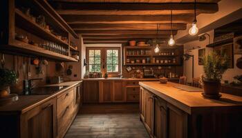 Modern rustic kitchen design with elegant hardwood flooring and lighting generated by AI photo