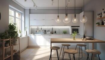 Modern domestic kitchen design with elegant wood table and comfortable chairs generated by AI photo