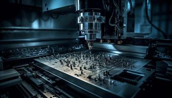 Automated metal workshop with CNC machines and robotic arms for precision generated by AI photo