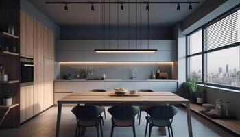 Modern domestic kitchen design with elegant wood material and bright lighting generated by AI photo