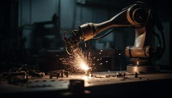 Metal workers expertly operate machinery in a dark workshop generated by AI photo