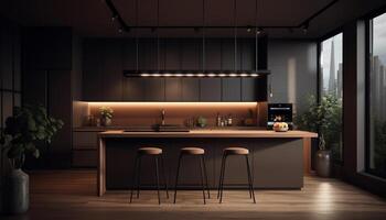 Modern domestic kitchen design with elegant wood table and lighting generated by AI photo