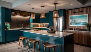 Modern domestic kitchen design with luxury wood material and elegant decor generated by AI photo