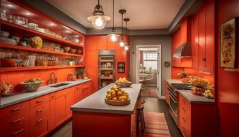 moderno Doméstico cocina diseño con madera gabinete, inoxidable acero accesorios, y Fresco Fruta generado por ai foto