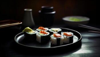 Fresh seafood meal on plate with chopsticks, maki sushi, and avocado generated by AI photo