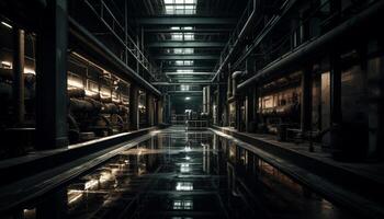 Spooky abandoned factory with modern metal equipment and dim lighting generated by AI photo