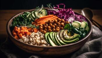 Fresh vegetarian salad with healthy organic ingredients on rustic wood plate generated by AI photo