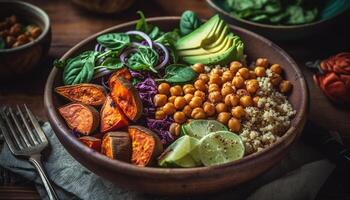 Fresh vegetarian salad with avocado, tomato, and cilantro on rustic wood generated by AI photo