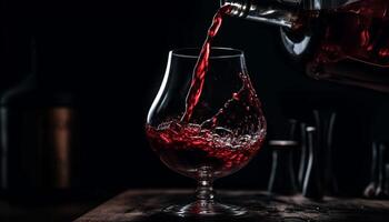 Luxury whiskey pouring into elegant wineglass on wooden table generated by AI photo