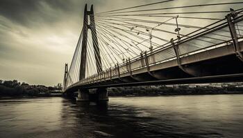 Suspension bridge connects city life with nature landscape at dusk generated by AI photo