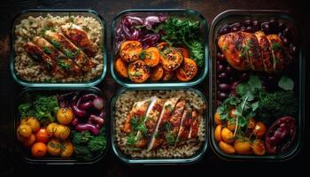 Grilled meat and vegetable salad, healthy gourmet lunch on crockery generated by AI photo