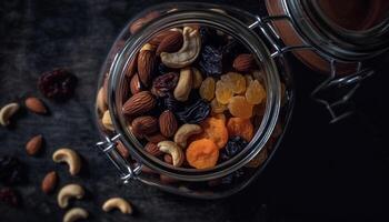 Healthy eating a variety of organic dried fruit and nuts generated by AI photo