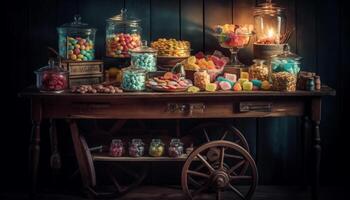 Rustic wood table displays homemade sweets, candy, and chocolate indulgences generated by AI photo