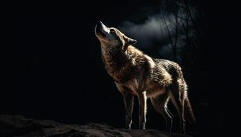 gris lobo clamoroso en el noche, lleno longitud, piel atención generado por ai foto